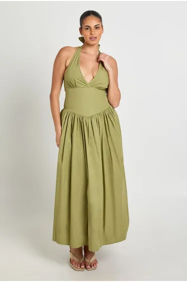 Tall Cotton Poplin Halter Neck Pleated Midi Dress - light khaki
