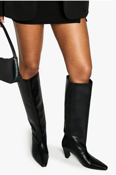 Flared Heel Column Pointed Knee High Boots - black
