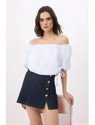 White Binding Detailed Carmen Neckline Woven Balloon Blouse - 1