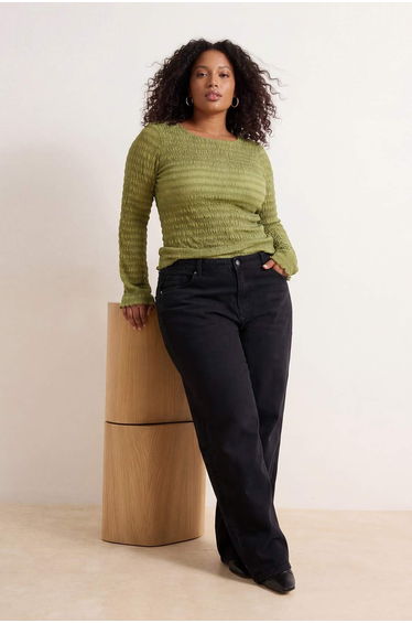 Khaki Fitted/Body-Smoothing Textured Tulle Flexible Knit Plus Size Blouse