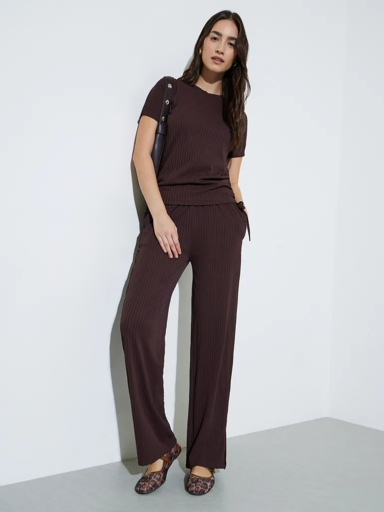 Brown Textured Side Ruched Details T-Shirt