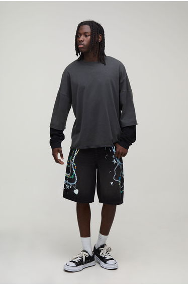 Baggy Paint Splatter Chain Print Washed Denim Shorts - black