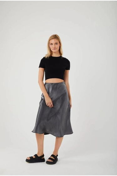 Mixray Satin Midi Skirt with Elastic Waist