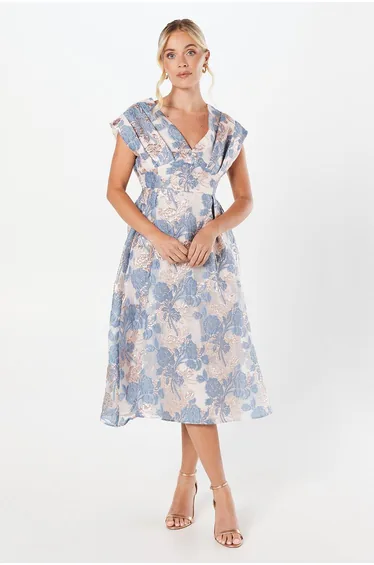 Petite V Neck Jacquard Midi Dress