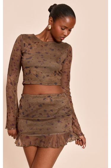Khaki Abstract Print Mesh Frill Hem Mini Skirt