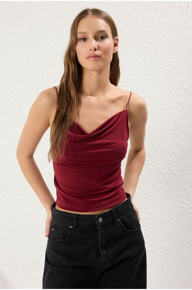 Claret Red Fitted/Body Fitted Cowl Neck Flexible Knitted Blouse