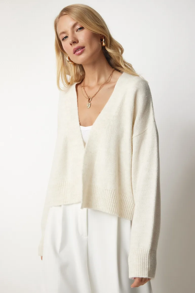 Women's Cream Basic Knitwear Cardigan - 2