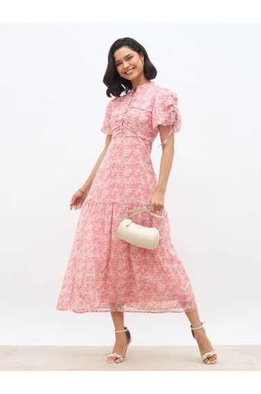 All-Over Floral Print Balloon Sleeves A-Line Maxi Dress with Ruched Detail