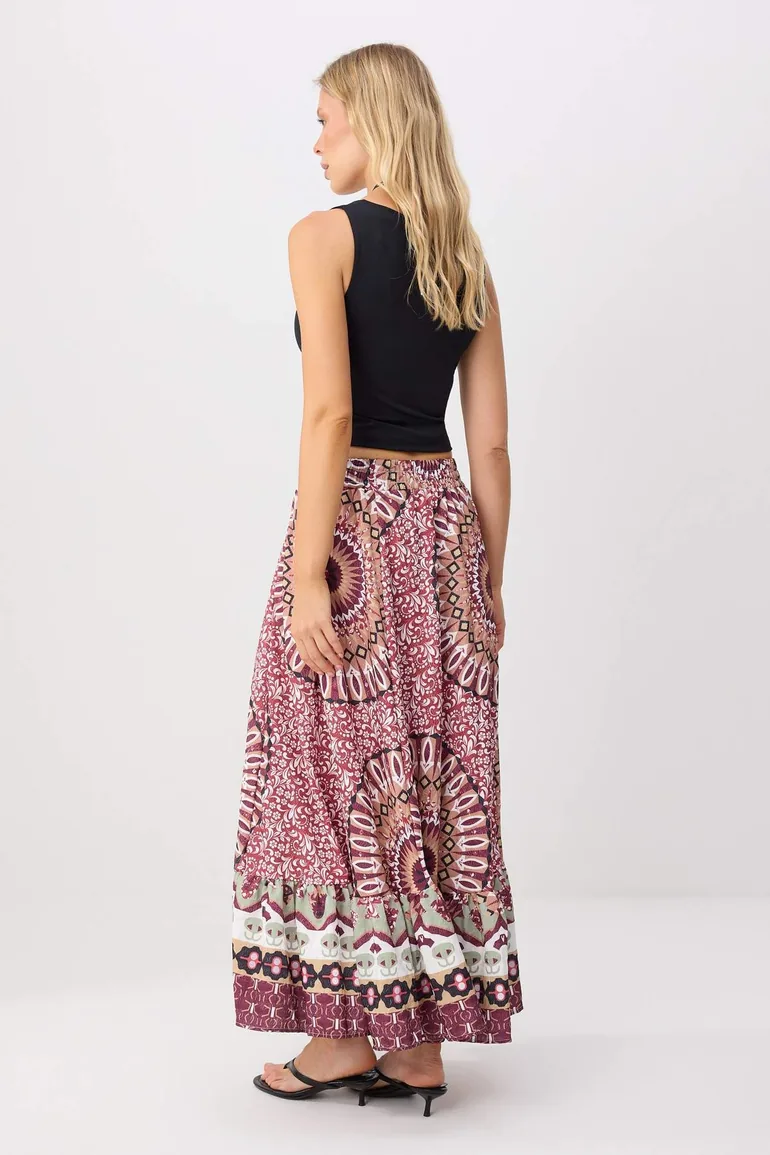 Ethnic Patterned Viscose Skirt with Elastic Waist - 2