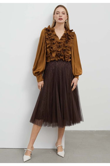Ravishing Sequins Mesh Tulle Midi Skirt in Brown