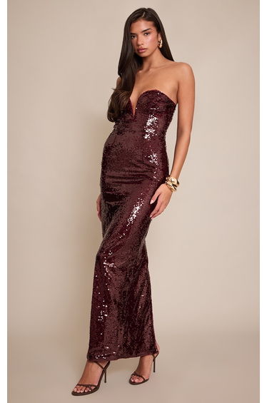 Wine Sequin Wire Cup Detail Maxi Dress