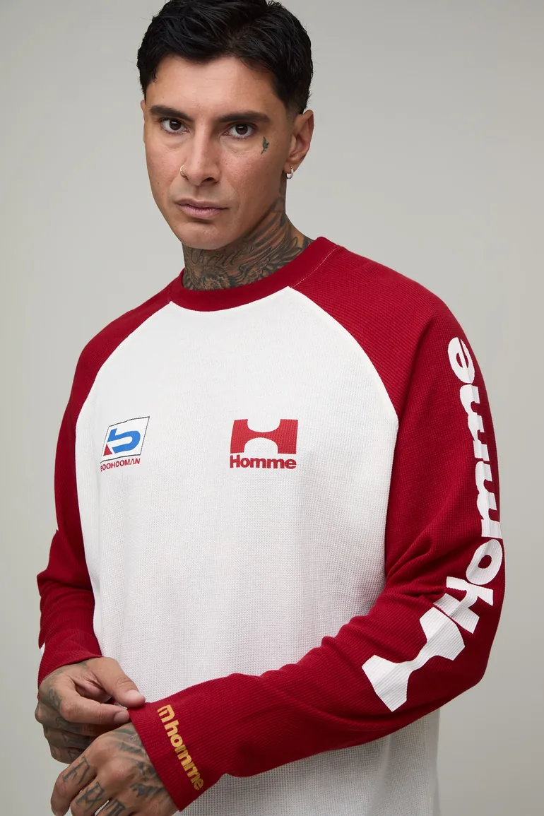Tall Oversized Boxy Moto Waffle Raglan Long Sleeve T-Shirt - red