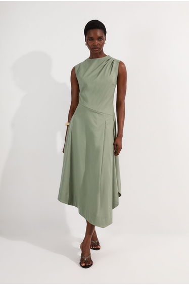 Tailored Drapey Bodice Asymmetric Midi Dress