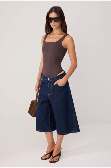 Brown Plain Fitted Square Neck Sleeveless Gathered Snap Fastener Polyamide Knitted Bodysuit
