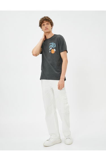 Slogan Themed Crew Neck Space Dog Printed T-Shirt
