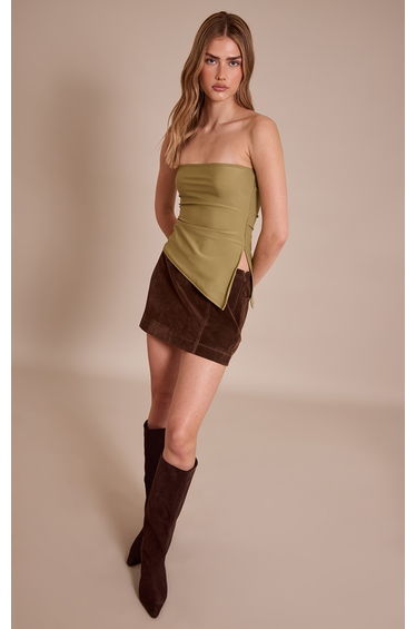 Olive Contour Slinky Bandeau Asymmetric Split Hem Longline Top