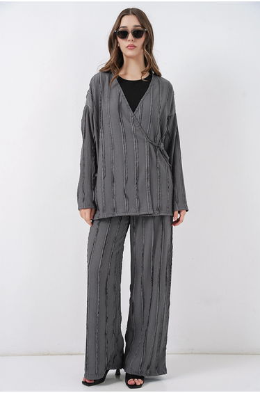 BDART Textured V-Neck Tie Detail Kimono & Wide Leg Pants Set