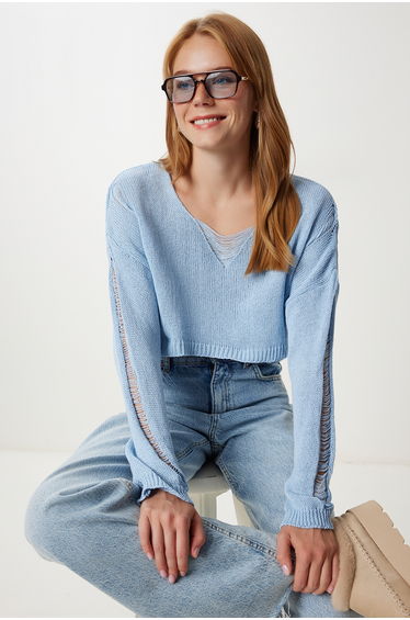 Women's Sky Blue Ripped Detail Crop Knitwear Sweater
