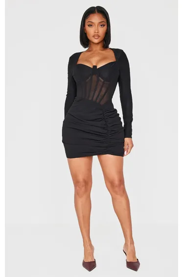 Shape Black Mesh Insert Corseted Ruched Side Mini Dress