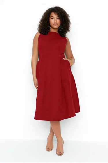 Claret Red A-Line Woven Pocket Detail Dress