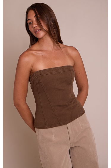 Chocolate Strapless Bustier Detail Denim Corset Top