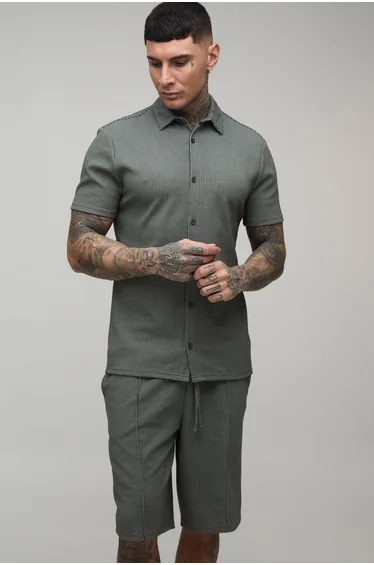 Tall Slim Short Sleeve Collared Shirt & Comfort Pintuck Short - khaki