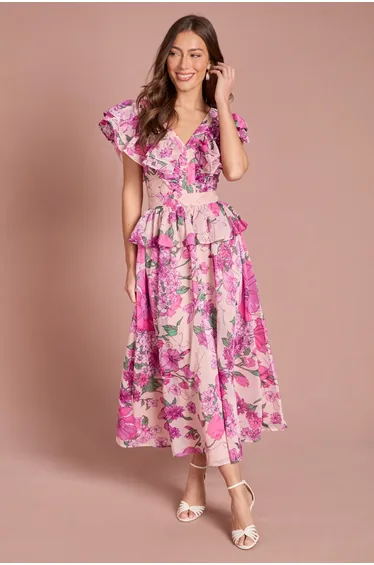 Printed V Neck Organza Ruffle Midi Dress