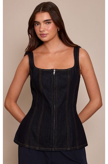 Indigo Seam Detail Zip Through Denim Corset