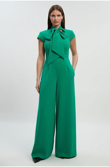 Compact Stretch Bow Tie Neck Tailored Wide Leg Jumpsuit