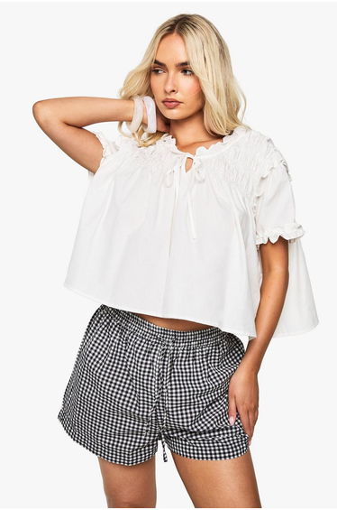 Ruched Poplin Smock Top - white