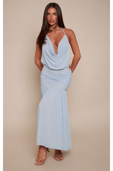 Pale Blue Mesh Cowl Neck Drop Hem Floaty Midaxi Dress