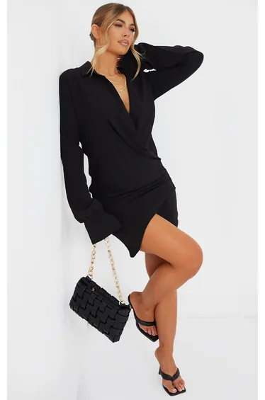 Black Textured Woven Extreme Plunge Bell Cuff Shirt Dress