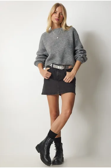 Women's Gray Balloon Sleeve Basic Knitwear Sweater