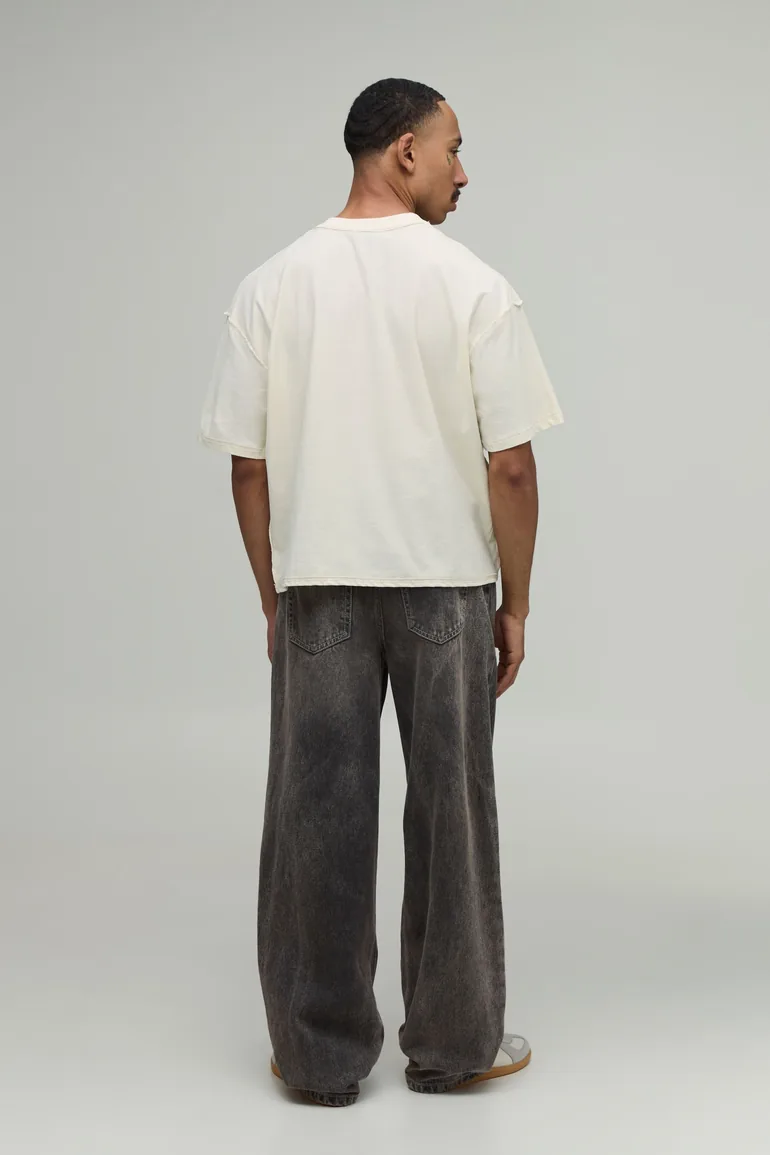 Ecru Oversized Boxy Side Placement Print Exposed Seams T-Shirt - ecru - 3
