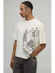 Ecru Oversized Boxy Side Placement Print Exposed Seams T-Shirt - ecru