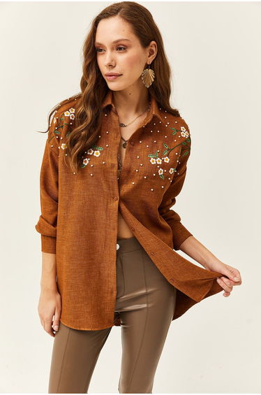 Women's Tan Embroidered Pearl Wool Effect Oversize Winter Shirt