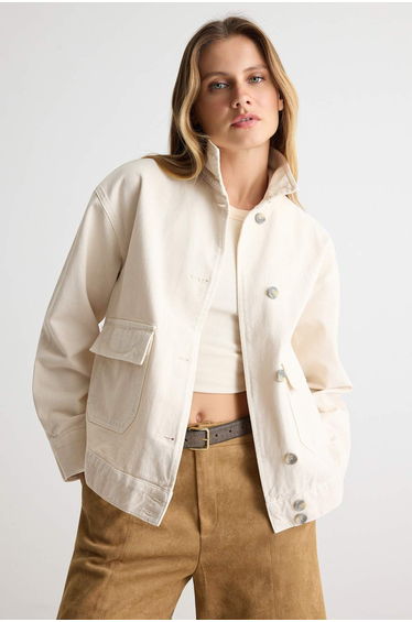 Ecru High Collar Oversize Denim Jacket