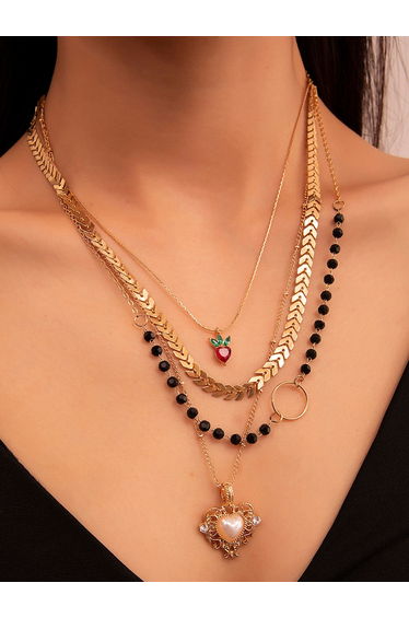 Set of 4 - Chunky Chain Heart Embellished Necklace