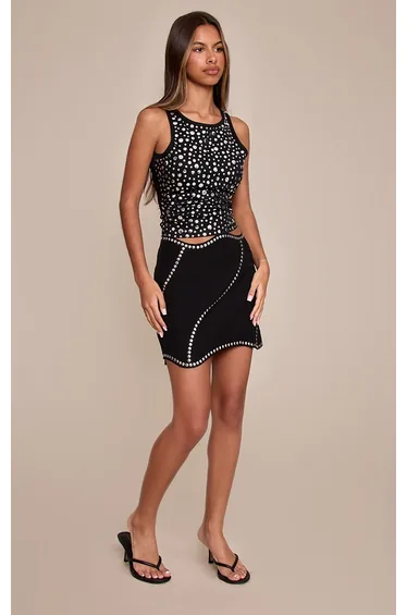 Petite Black Scalloped Edge Stud Mini Skirt