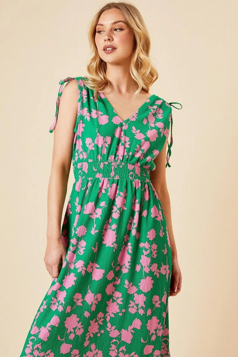 Green Floral Tie Shoulder Shirred Waist Midi Dress - 1