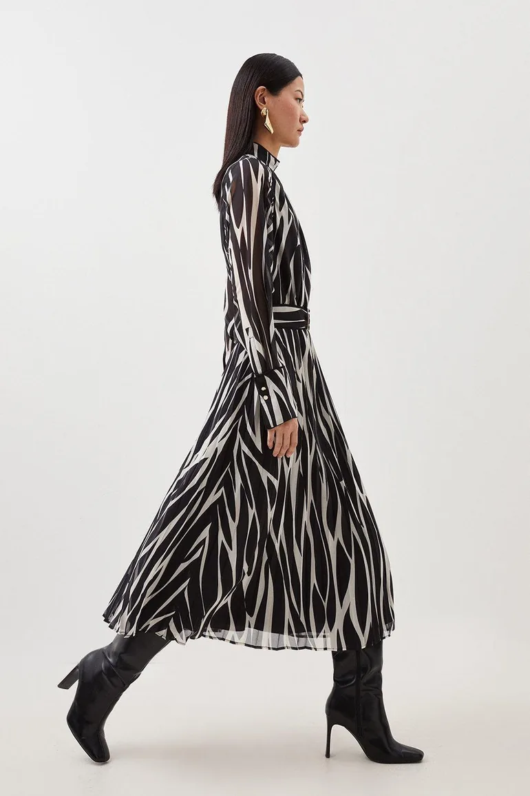 Pleated A-Line Midi Skater Dress with Long Sleeve - 2