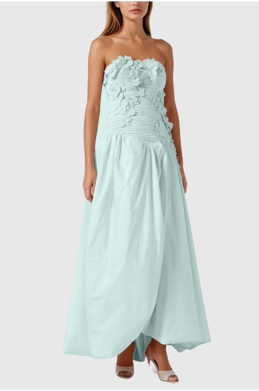 Batsheva Strapless Flower Ruch Puffy Maxi Dress In Green