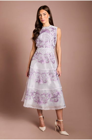 Placement Embroidered Lace Midi Dress