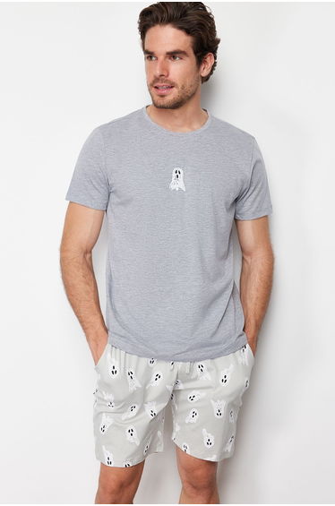 Men's Gray Printed Regular Fit Knitted Pajamas Set