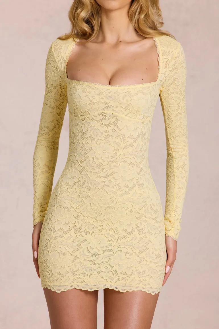 فستان أوه بولي أصفر قصير بقصة ضيقة بأكمام طويلة - 3