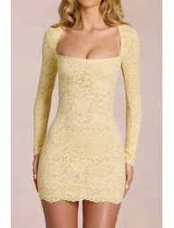 فستان أوه بولي أصفر قصير بقصة ضيقة بأكمام طويلة - 3