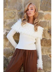 Women's Ecru Madonna Collar Tassel Knitwear Sweater - 3
