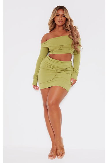 Shape Olive Seam Detail Foldover Waist Mini Skirt