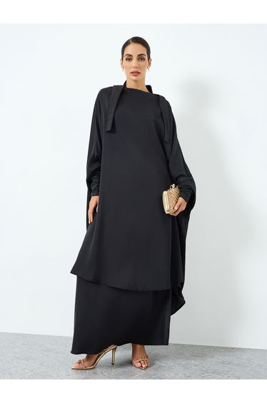 Women Black Batwing Sleeve Abaya and Skirt Set