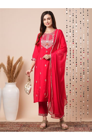 Sequined Floral Embroidered Straight Kurta with Pants and Dupatta Set